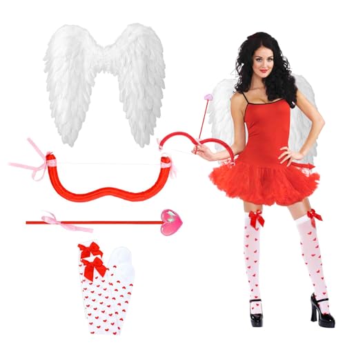 Amor Kostüm Valentinstag,Cupid Kostüm Damen mit Federflügel Engel,Cupid Costume,Amor Pfeil und Bogen Set,Amor Kostüm,Kniestrümpfe mit Herzen Schleife,Frauen Karneval Valentinstag Party Cosplay von Hpbaggy