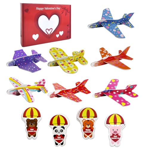 Hpbaggy 28 Stück Valentinstag Schaumstoff Flugzeuge 7 Designs,mit 28 Grußkarten,Schaum Segelflugzeug,Flugzeug Spielzeug Kinder,für Valentinstag Party Favor,Klassenzimmer Preise von Hpbaggy