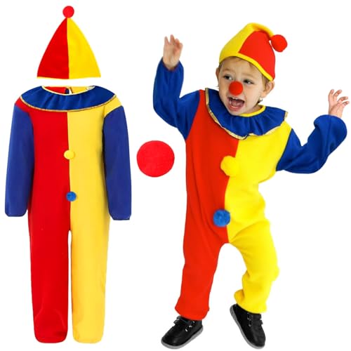 Hpbaggy 3er Clown Kostüm Kinder,Karneval Cosplay Costume für Kleinkind Junge Mädchen,mit Clown Jumpsuit,Hut und Nase,Karnevalskostüm Faschingkostüme Kinder,Clown Kostümzubehör,100~110cm von Hpbaggy