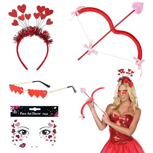 Hpbaggy 4er Set Amor Kostüm Damen,mit Glitzer Haarreif Herzbrille Amor Pfeil Und Bogen,Herz Gesichttattoos Für Valentinstag Karneval Halloween Party von Hpbaggy