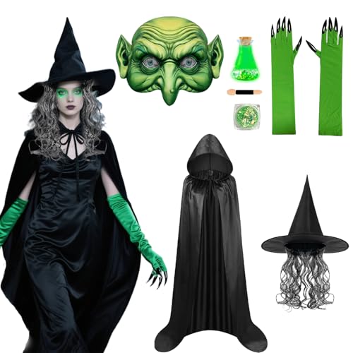 Hpbaggy 6 Stück Halloween Hexenkostüm Damen, Hexenumhang, Halloween Hexenmaske mit Perücke, Hexen Trankflasche, Grüner Hexenhut Zubehör, Vampir Umhang Hexenhut für HallOween Karneval Mottoparty von Hpbaggy