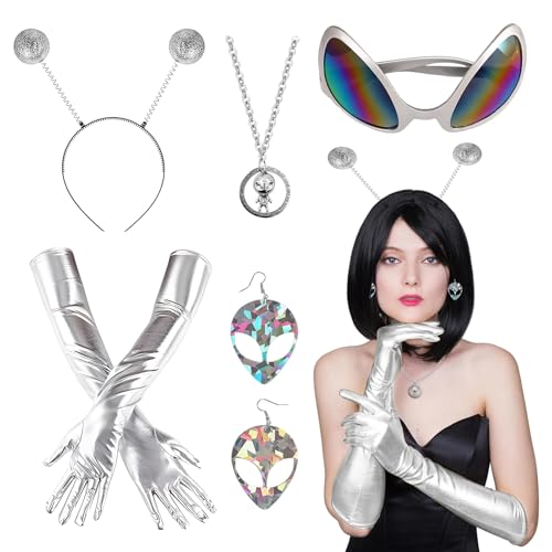 Hpbaggy Alien Kostüm Set,Alien Haarreif Rave Outfit,Alien Stirnband und Brille Handschuhe,Alien Haarreif Alien Brille,Glitzer Alien Haarreif in silver,Damen Verkleidung Erwachsene Kostüm Zubehör von Hpbaggy