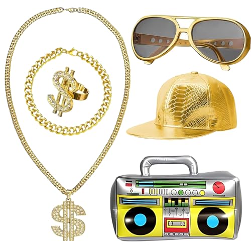 Hpbaggy Hip Hop Kostüm,6 Stück Zuhälter Kostüm mit Golden Baseball Cap/Dollar Kette/Dollar Ring/Goldene Armband/Goldene Brille/Aufblasbare Boom Box,80/90er Rapper Accessoires für Fasching Karneval Hpbaggy Hip Hop Kostüm,6 Stück Zuhälter Kostüm mit Golden Baseball Cap/Dollar Kette/Dollar Ring/Goldene Armband/Goldene Brille/Aufblasbare Boom Box,80/90er Rapper Accessoires für Fasching Karneval von Hpbaggy