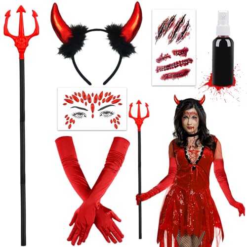 Hpbaggy Teufel Kostüm Damen Mädchen,Teufelshörner Teufels Ohren Haarreif,Handschuhe,Tattoo,Teufelheugabel,Glitzersteine gesicht,Kunstblut Spray,Teufel Kostüm Accessorie Halloween Karneval Fasching Hpbaggy Teufel Kostüm Damen Mädchen,Teufelshörner Teufels Ohren Haarreif,Handschuhe,Tattoo,Teufelheugabel,Glitzersteine gesicht,Kunstblut Spray,Teufel Kostüm Accessorie Halloween Karneval Fasching von Hpbaggy
