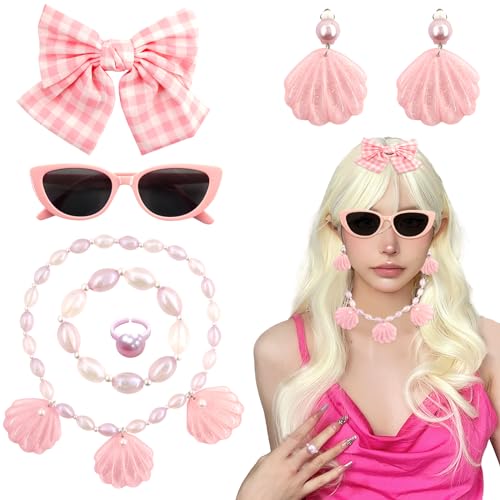 Kostüm Zubehör Set,Pink Costume Accessories,Rosafarbenes Cosplay Kostüm,Damen Zubehör Set,Chiffon Schal Haarspange Schleife Sonnenbrille Ohrringe,80er Jahre Outfit Damen Mottoparty von Hpbaggy