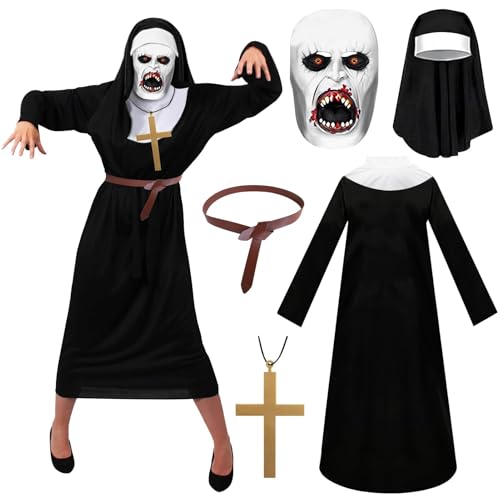 Schwarz Nonnenkostüm Damen Halloween Set Nonne Kloster Schwester Mittelalterliche Kleidung mit Nonne Horror Latexmaske Nonnenhaube Kreuz Halskette Gürtel Für Halloween Karneval Mottoparty Cosplay (XL) Schwarz Nonnenkostüm Damen Halloween Set Nonne Kloster Schwester Mittelalterliche Kleidung mit Nonne Horror Latexmaske Nonnenhaube Kreuz Halskette Gürtel Für Halloween Karneval Mottoparty Cosplay (XL) von Hpbaggy
