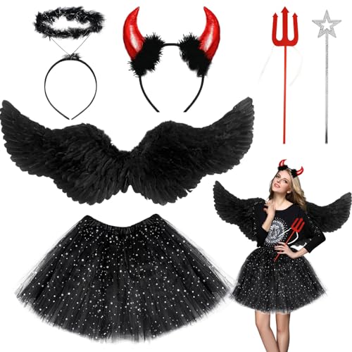 Schwarzer Engel Kostüm Set,mit Schwarz Engel Flügel,Tüllrock Schwarz,Teufel Hörner,Heiligenschein,Teufelsgabel,Engelsstab,Teufel Kostüm Damen Mädchen,für Karneval Cosplay Party,Kinder,Erwachsene von Hpbaggy