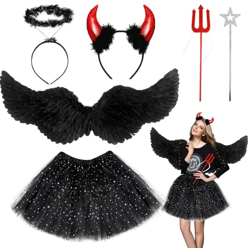 Schwarzer Engel Kostüm Set,mit Schwarz Engel Flügel,Tüllrock Schwarz,Teufel Hörner,Heiligenschein,Teufelsgabel,Engelsstab,Teufel Kostüm Damen Mädchen,für Karneval Cosplay Party,kinder,erwachsene von Hpbaggy