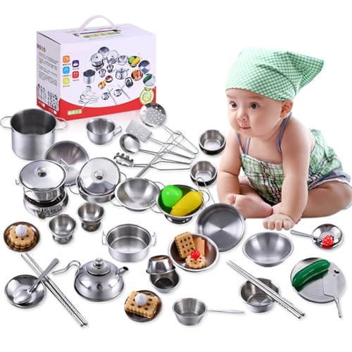 Hperu 25pcs Töpfe und Pfannen Kinder Spielset, Edelstahlküchenküchenset, sichere Wiederverwendbare Bildungsküchenzubehör für Urlaub, Geburtstag von Hperu
