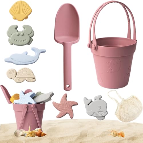 Hperu Sandspielzeug, 8 Stück Silikon Strandspielzeug für Kinder - Sicheres Sandspielset mit Schaufel, Eimer und Formen für Sommerreisen (Ziegelrot) von Hperu