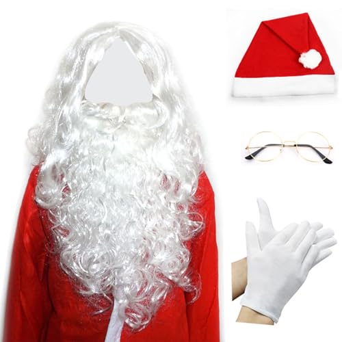 Hperu Santa 5pcs Santa Beard und Perückenset mit Hut, Handschuhen, Brillen Weihnachtskostüm süßes lockiges Haar Kostüm für Cosplay -Party von Hperu