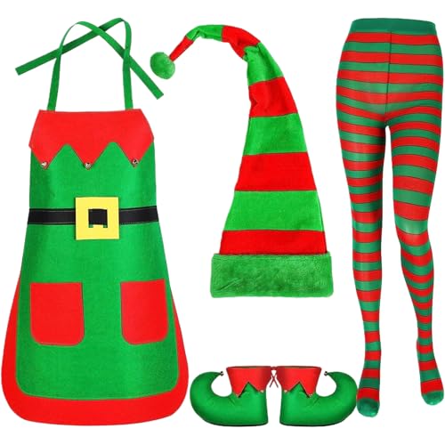 Hperu Weihnachtsschürze 4PCS/Set Weihnachtskostüm -Elf -Kostüm für Frauen umfasst Schürze, Elf -Schuhe, Hut, gestreifte Strümpfe für Party von Hperu