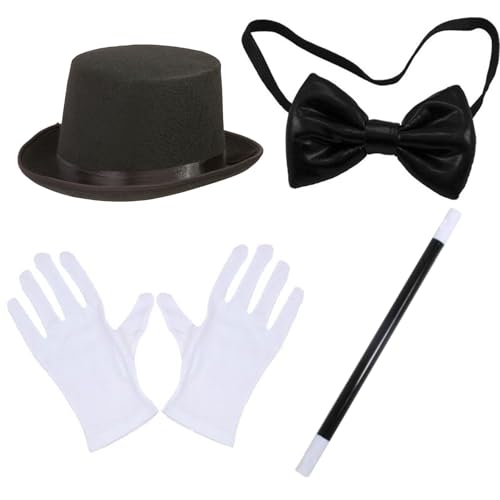 Magierhut, 4PCS/Set Magier Kostüm Halloween Magier Kit mit hohem Hut, Zauberstab, Handschuhen und Fliege Magier Kostüm Erwachsener für Kostümpartys, Cosplay- und Themenveranstaltungen, Magierstab Magierhut, 4PCS/Set Magier Kostüm Halloween Magier Kit mit hohem Hut, Zauberstab, Handschuhen und Fliege Magier Kostüm Erwachsener für Kostümpartys, Cosplay- und Themenveranstaltungen, Magierstab von Hperu