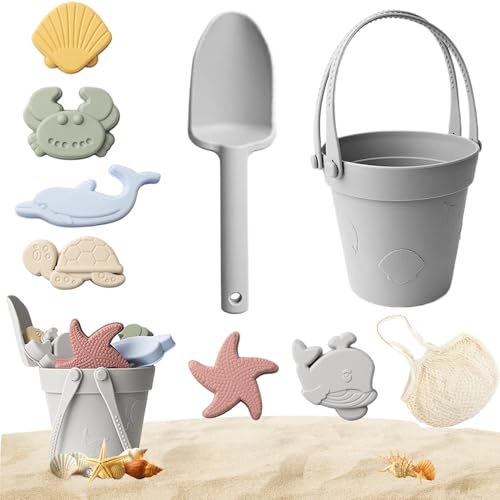 Sandspielzeug, 8 Stück Silikon Strandspielzeug für Kinder - Safe Sand Play Set mit Schaufel, Eimer & Formen für Sommerreisen (Grau) von Hperu