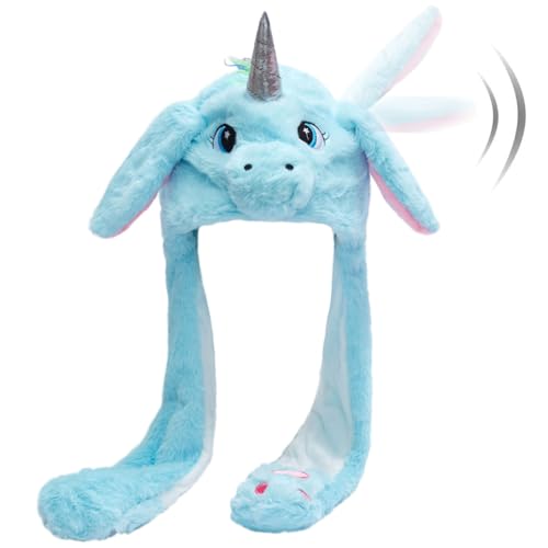 Plüschtiermütze, beweglich, tanzend, Ohrenklappe, beweglich, flauschige Kappe (blaues Einhorn) von Hpfulseazn