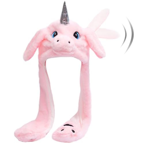 Plüschtiermütze, beweglich, tanzend, Ohrenklappe, beweglich, flauschige Kappe (rosa Einhorn) von Hpfulseazn