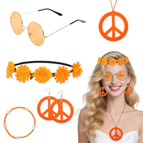 Hippie-Kostüm-Zubehör-Set, Boho-Friedenszeichen, Gänseblümchen, runde Hippie-Sonnenbrille und Friedenszeichen, Halsketten und Ohrringe, 60er-/70er-Jahre-Partyzubehör, Dekorationen für groovige Partys Hippie-Kostüm-Zubehör-Set, Boho-Friedenszeichen, Gänseblümchen, runde Hippie-Sonnenbrille und Friedenszeichen, Halsketten und Ohrringe, 60er-/70er-Jahre-Partyzubehör, Dekorationen für groovige Partys von Hpmjz