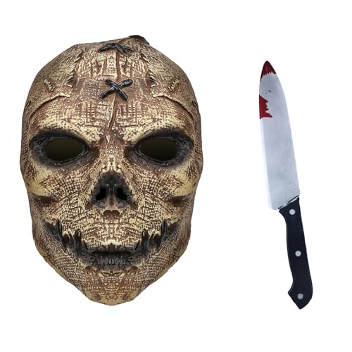 2 Stück gruselige Totenkopf-Vogelscheuchen-Maske, gruselige Sackleinen-Skelett-Vollkopf-Halloween-Maske mit Messer, Horror-Cosplay-Party-Requisiten von Hqroidd