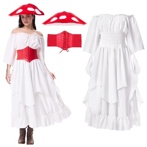 Pilzkostüm für Damen, Renaissance, Mittelalterkleid, Pilzhut, Korsett, viktorianisches Feenkleid, Halloween, Cosplay, Outfit für Erwachsene, klein von Hqroidd
