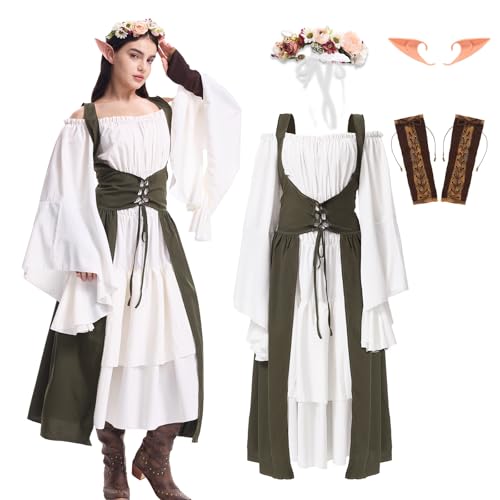 Renaissance-Feenkostüm für Damen, mittelalterliches Elfenkleid, grün, viktorianisches Prinzessinnenkleid, Ren-Faire-Outfit für Halloween, Größe L, 5 Stück von Hqroidd