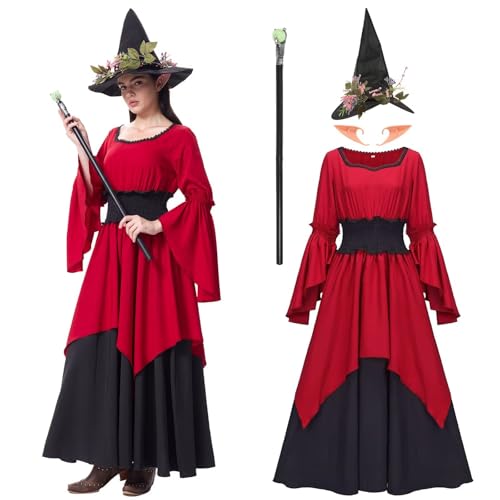 Renaissance Hexenkostüm Damen, Mittelalter Rot Viktorianisches Kleid Gothic Vampir Fee Kleid Cosplay für Halloween Klein von Hqroidd