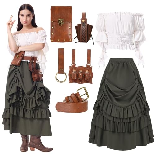 Renaissance-Kostüm für Damen, mittelalterliches Piratenkleid, Rock, Hemd, Handschuhe, Gürtel, viktorianisches Renfee-Outfit für Halloween, Grün, Größe M Renaissance-Kostüm für Damen, mittelalterliches Piratenkleid, Rock, Hemd, Handschuhe, Gürtel, viktorianisches Renfee-Outfit für Halloween, Grün, Größe M von Hqroidd