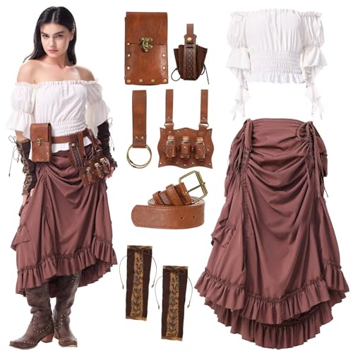 Renaissance-Kostüm für Damen, mittelalterliches Piratenkleid, Rock, Hemd, Handschuhe, Gürtel, viktorianisches Renfee-Outfit für Halloween, Rot, Größe XXL von Hqroidd