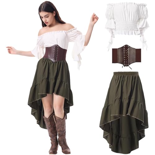 Renaissance-Kostüm für Damen, mittelalterliches Piratenkleid, Rock, Hemd, Korsett, Handschuhe, viktorianisches Renfee-Outfit für Halloween, Größe XL von Hqroidd