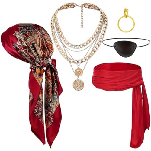 5-teiliges Piratenkostüm-set, Outfit Kopftuch, Halskette, Gürtel, Augenklappe, Ohrringen, Halloween-party-anziehzubehör von Hrippy