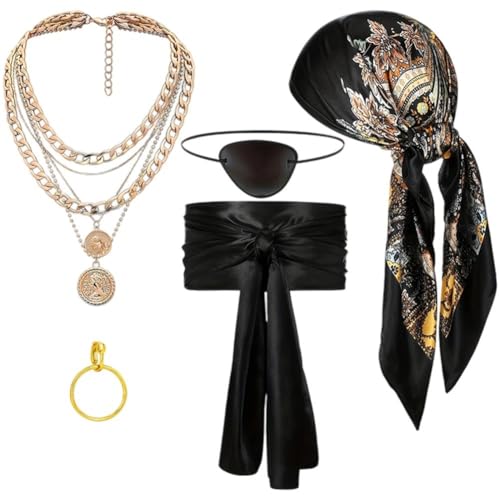 5-teiliges Piratenkostüm-set, Outfit Kopftuch, Halskette, Gürtel, Augenklappe, Ohrringen, Halloween-party-anziehzubehör von Hrippy