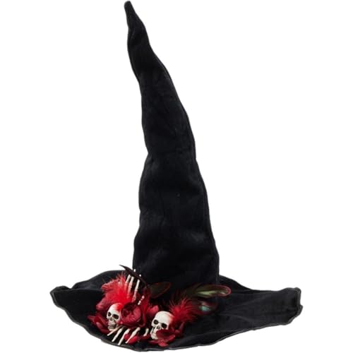 Halloween-hexenhut, Breiter Krempe, Spitzer Hut Für Erwachsene Totenkopf-handfeder-applikation, Karnevalsparty-kopfbedeckungen Für Frauen Und Männer von Hrippy