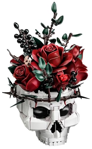 Gothic Schädel Rose Bauset für Erwachsene, Gothic Horror Skelett Blumentopf Home Decor - Künstliche Blume Botanische Sammlung Geschenke für Halloween, Schädel Rose Bouquet Set (Rot) von HshDUti