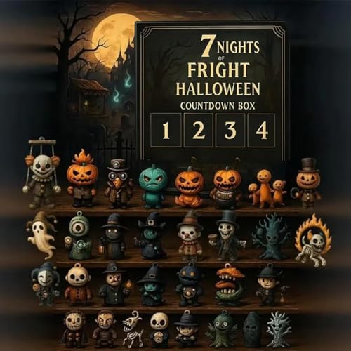 HshDUti 31 Nights of Fright - Halloween Countdown Box mit Figuren, 2025 Halloween Adventskalender Geschenkset, Sammlerstück Horror Figuren, Gruselige Puppen, Hängende Charms & Mini Dekorationen 7 Tage von HshDUti
