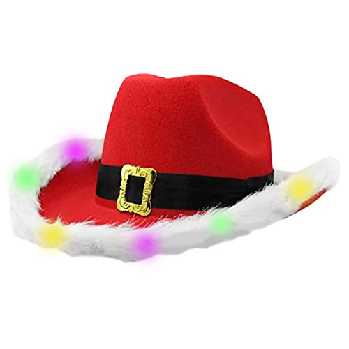 HshDUti Leuchtender Weihnachtsmann-Cowboyhut, LED-Lichter, Cowgirl-Hut, Western-Kostüm, beleuchtete LED, rot und weiß, Weihnachtsmann-Cowboyhut, Rot und Weiß von HshDUti