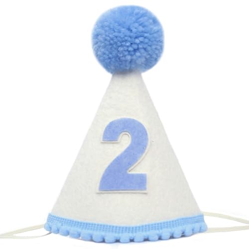 Hshenjhu Partyhüte Geburtstag, Geburtstagshüte mit Pompon und Zahlen 2, Wiederverwendbare Kegel Partyhüte, Geburtstagshut Kinder Deko, für Kinder Erwachsene und Welpenkatzenhaustie, Blau von Hshenjhu