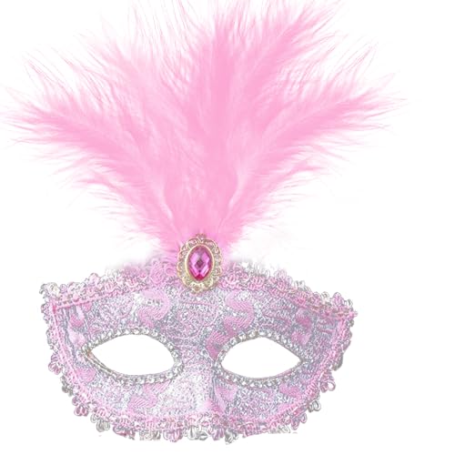 Hshenjhu Venezianische Maske, Maskerade Augenmaske, Feder Spitzen Maskenmaske, Rosa Edelstein Spitze Masken Damen für Fasching Maskenball Karneval Abendkleid Party Hochzeit Halloween Kostümzubehör von Hshenjhu