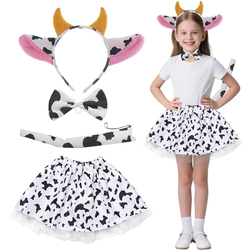 Hsrag 4-teiliges Kuh-Kostüm-Set für Kinder, Kuhmädchen-Outfit mit Ohren, Stirnband, Fliege, Schwanz, 3-teiliges Set und Tutu-Rock, Tierverkleidung für Mädchen, 2-8 Jahre, Halloween, Karneval von Hsrag