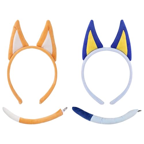 Hsrag 4-teiliges Set mit niedlichen Hundeohren, Stirnbänder und Schwänzen, gelb-blau, Welpen-Kostüm-Zubehör für Halloween, Hunde-Motto-Party, Cosplay, Erwachsene und Kinder von Hsrag