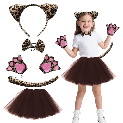 Hsrag 5-teiliges Leopardenkostüm-Set für Mädchen, Gepardenkostüm Kinder mit Leopardenohren, Handschuhen, gefütterter Puffrock, Tierverkleidung für Halloween & Karneval, Einheitsgröße von Hsrag