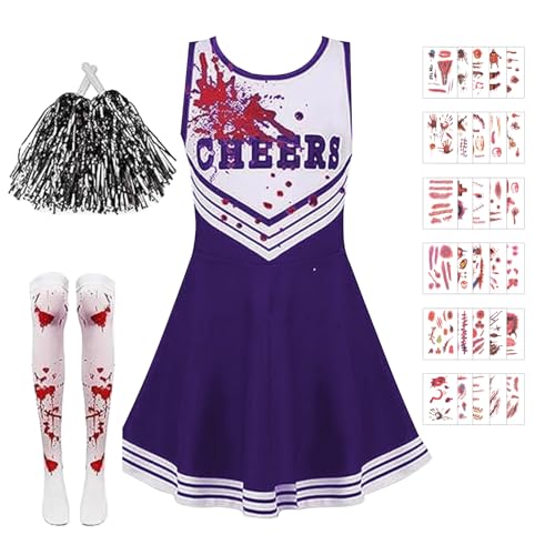 Hsrag 5-teiliges Zombie-Cheerleader-Kostüm-Set für Halloween, inklusive Cheer-Kleid, Pompons, Socken, Kunstblut-Gel, Aufkleber, für Mädchen, Halloween-Verkleidungen (10–12 Jahre) (lila) von Hsrag