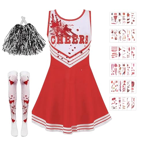 Hsrag 5-teiliges Zombie-Cheerleader-Kostüm-Set für Halloween, inklusive Cheer-Kleid, Pompons, Socken, Kunstblut-Gel, Aufkleber, für Mädchen, Halloween-Verkleidungen (10–12 Jahre) (rot) von Hsrag