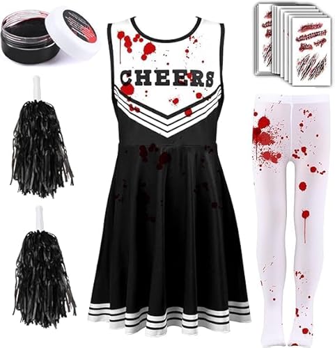 Hsrag 5-teiliges Zombie-Cheerleader-Kostüm-Set für Halloween, inklusive Cheer-Kleid, Pompons, Socken, Kunstblut-Gel, Aufkleber, für Mädchen, Halloween-Verkleidungen (10–12 Jahre) (schwarz) von Hsrag