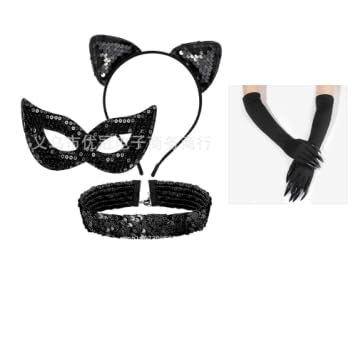 Hsrag Catwoman-Kostüm für Damen, 4-teiliges schwarzes Katzenkostüm mit Pailletten, Katzenmaske, Ohren, Choker, lange genagelte Handschuhe, Halloween-Katzen-Verkleidungszubehör von Hsrag