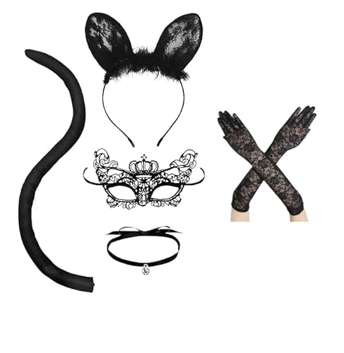 Hsrag Catwoman-Kostüm für Damen, schwarzes Katzenkostüm mit Pailletten, Ohren, Stirnband, Katzenmaske, Schwanz, Halsband, Halskette, Handschuhe, Halloween-Katzen-Verkleidungszubehör, 5-teilig von Hsrag