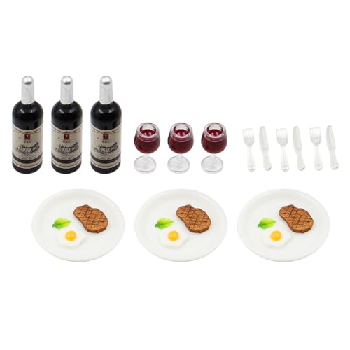 Hsthe Sea 1:12Miniatur-Puppenhaus-Set, Mini-Esstisch, Stuhl mit Miniaturgeschirr, Weinkelche, Tassen, Mini-Teller, Messer, Gabeln, Weinflasche, Pflanzen, Dekoration von Hsthe Sea