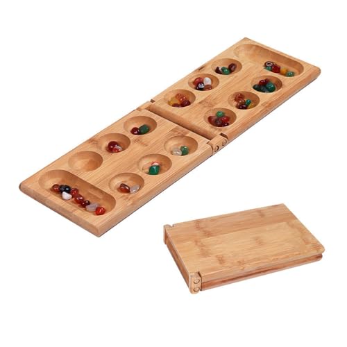 Hsthe Sea Mancala Brettspiel-Set Kalaha-Brettspiel mit klappbarem Spielbrett, Naturstein, Kiesel, Familien, Holzbrettspiele, Mancala-Spiele, strategisches Spiel für Kinder und Erwachsene von Hsthe Sea