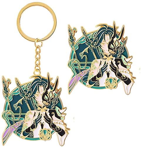 HuSang Genshin Impact Schlüsselanhänger mit einer Figur Brosche, Anime Venti Pin Zhongli Badge Xiao Cosplay Metallanhänger (Xiao) von HuSang