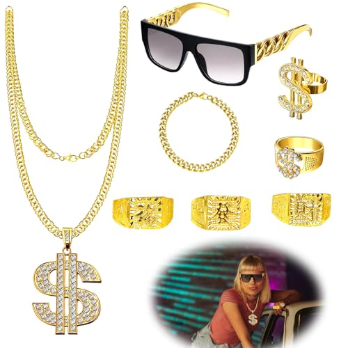 HuaMuDM 8 Stück Hip Hop Disco Kostüm Accessoires, Zuhälter Kostüm, 80er 90er Jahre Outfit Herren Hip Hop Kostüm，Karneval Kostüm Herren Zuhälter Kostüm,Hip Hop Rapper Kostüm, Zuhälter Kostüm Herren von HuaMuDM