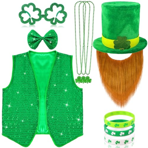 HUAERLE St. Patrick's Day Kostüm, St. Patrick's Day Zubehör, Pailletten-Weste, Kobold-Kostüm, grünes Kleeblatt-Zubehör, Grün , Large HUAERLE St. Patrick's Day Kostüm, St. Patrick's Day Zubehör, Pailletten-Weste, Kobold-Kostüm, grünes Kleeblatt-Zubehör, Grün , Large von Huaerle