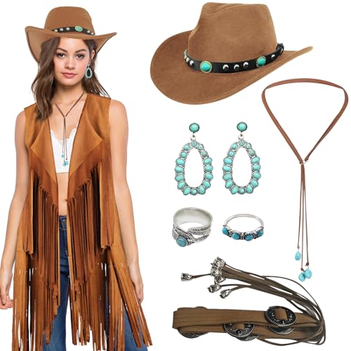 Western-Cowgirl-Kostüm-Set, Western-Outfits für Damen, Cowgirl, Cowboyhut, Korsett, Gürtel, Türkis, Schmuck-Set, 8 Stück Western-Cowgirl-Kostüm-Set, Western-Outfits für Damen, Cowgirl, Cowboyhut, Korsett, Gürtel, Türkis, Schmuck-Set, 8 Stück von Huaerle